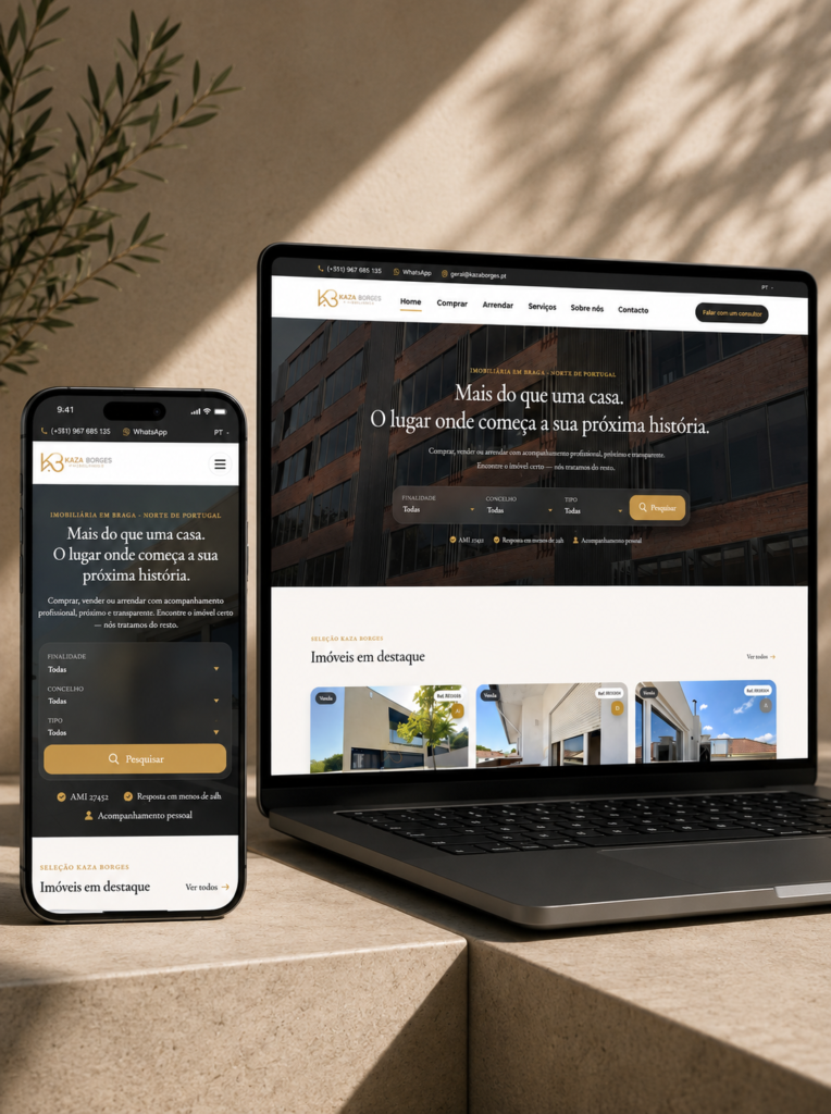 Website Kaza Borges Imobiliária apresentado em computador e telemóvel